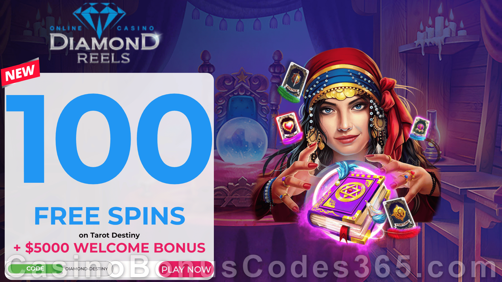 Diamond Reels Casino 100 FREE RTG Tarot Destiny Spins Exclusive New Players No Deposit Promotion