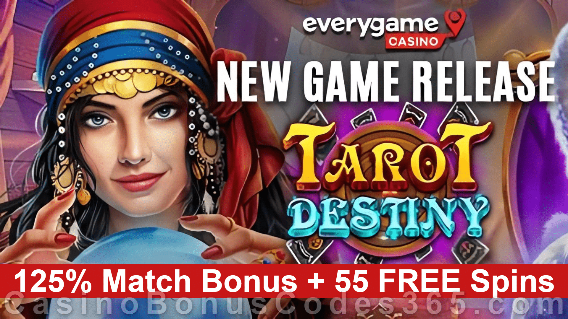 Everygame Casino Red 125% Match Bonus plus 55 FREE Spins New RTG Game RTG Tarot Destiny Special Deposit Promo