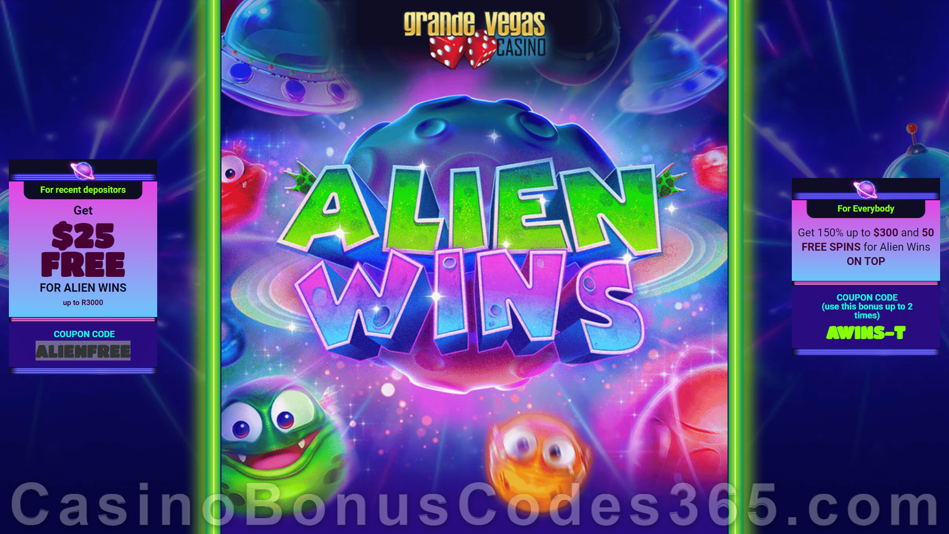 Grande Vegas Casino New RTG Game Alien Wins 150% up to $300 Bonus plus 150 FREE Spins Special Promotion