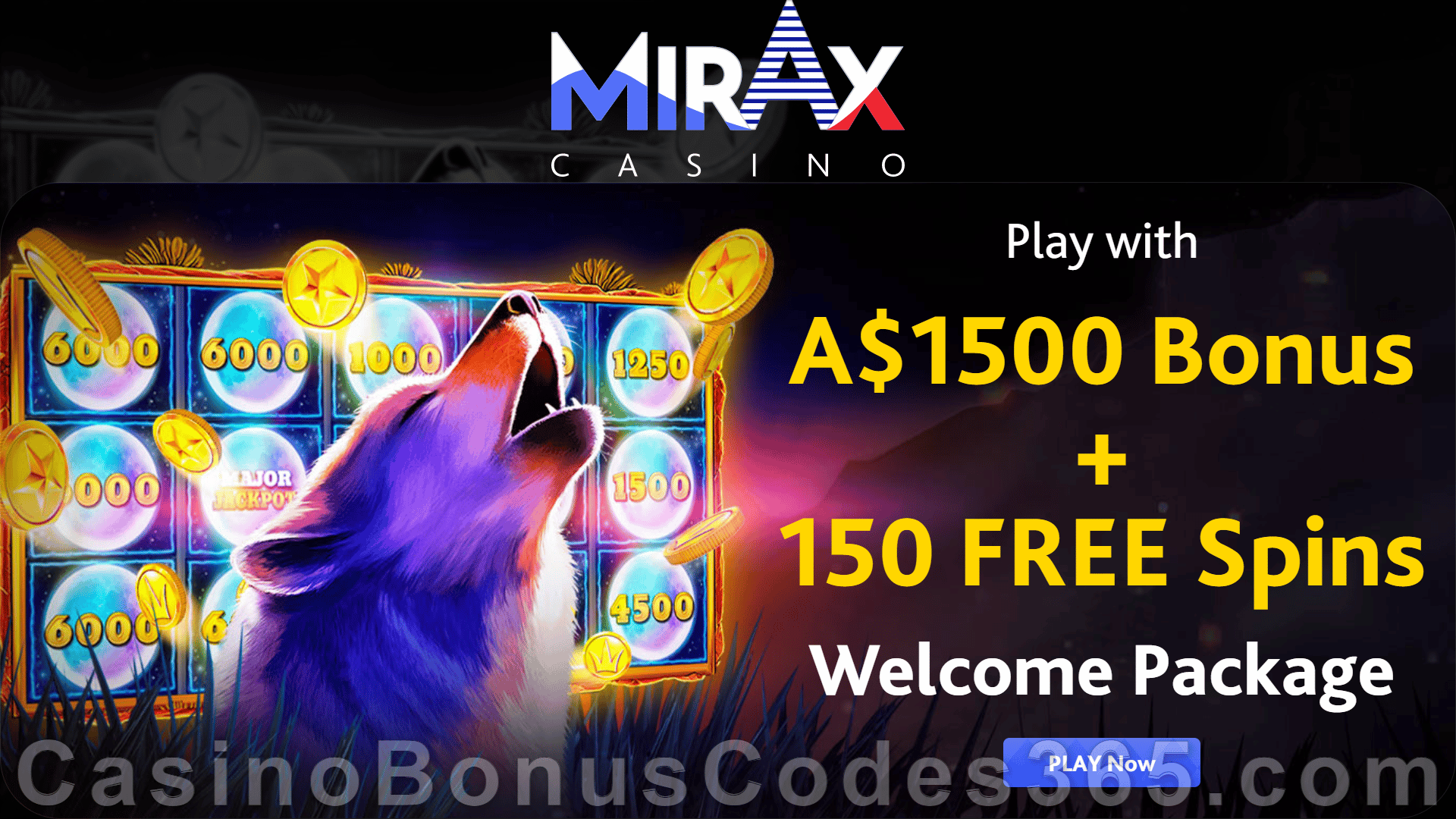 Mirax Casino A$1500 Bonus plus 150 FREE Spins New Players Sign Up Gift Pack