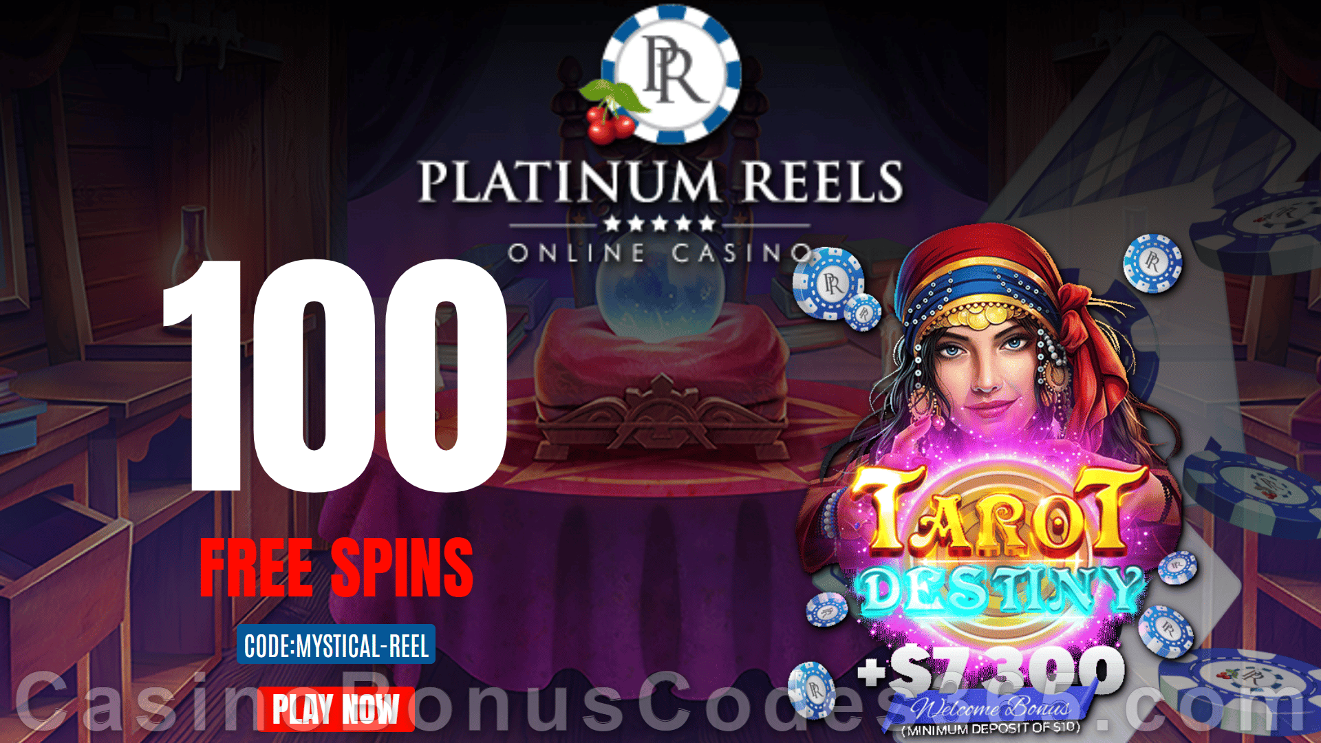 Platinum Reels Exclusive 100 FREE Spins on RTG Tarot Destiny No Deposit Sign Up Deal