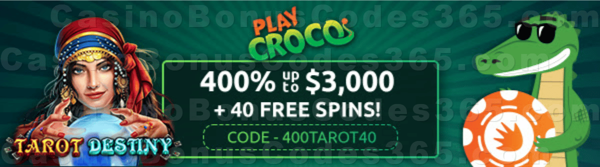 PlayCroco 400% up to $3000 Bonus plus 40 FREE Spins on RTG Tarot Destiny New Players Offer