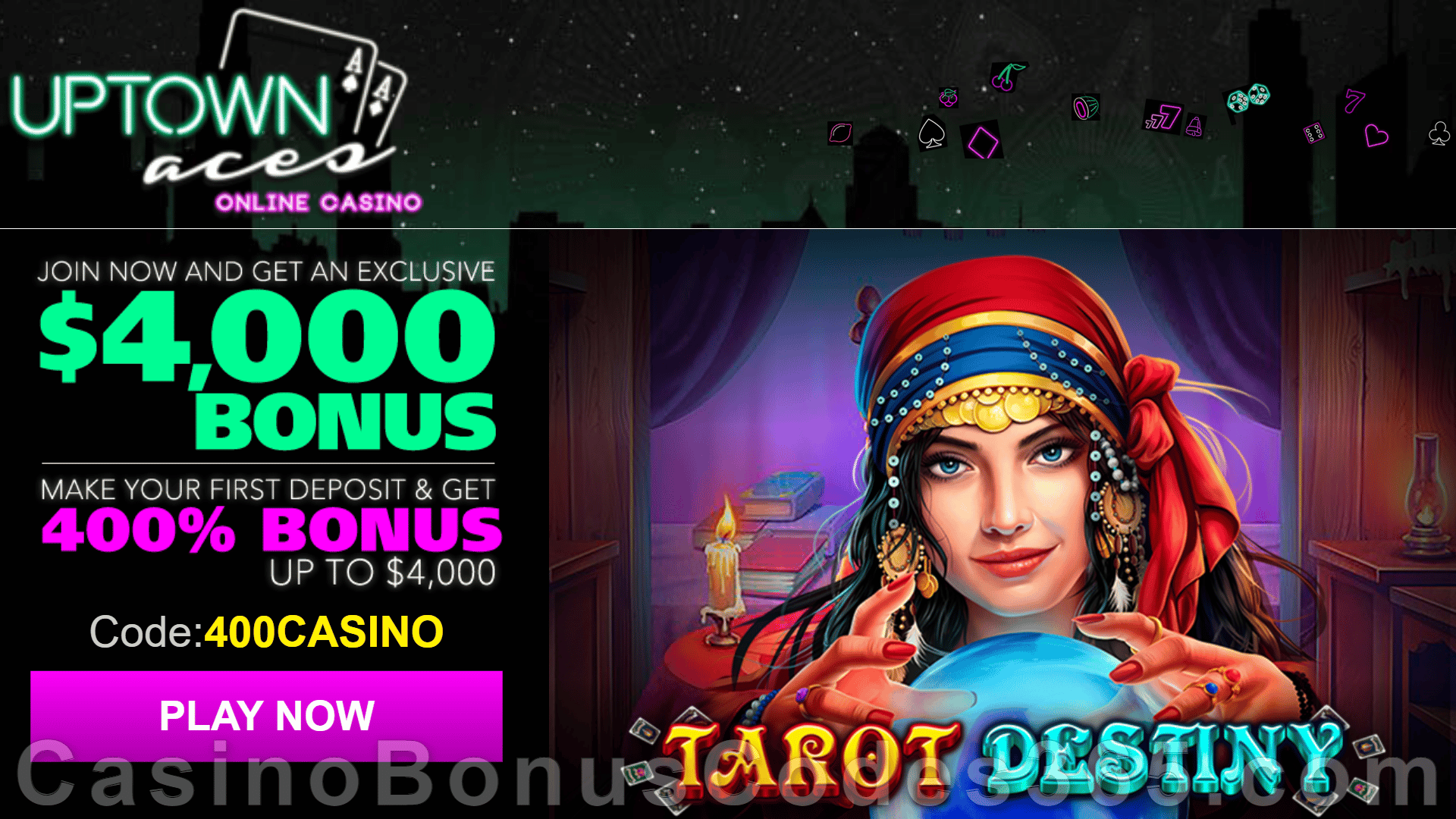 Uptown Aces Special RTG Game Tarot Destiny 400% Match up to $4000 Bonus Sign Up Deal