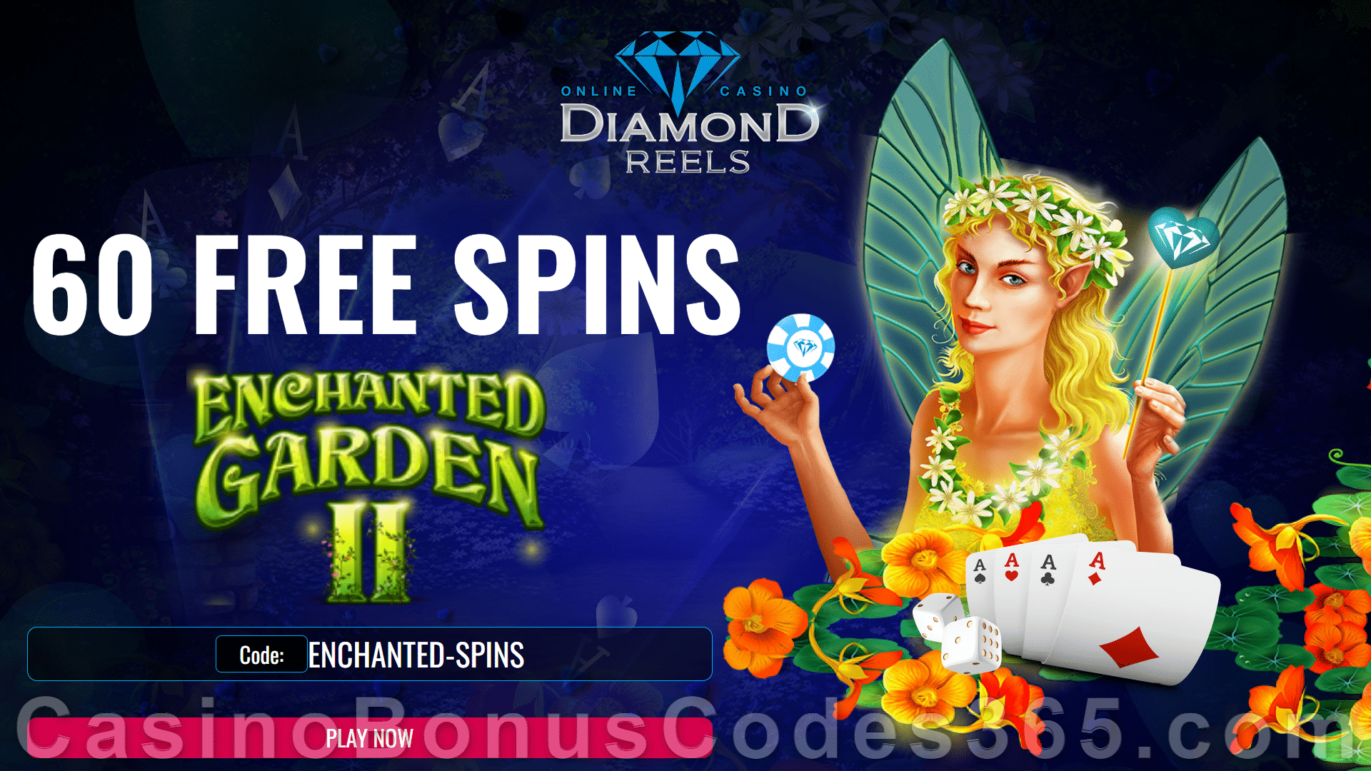 Diamond Reels Casino 60 FREE RTG Enchanted Garden II Spins Exclusive New Players No Deposit Promotion