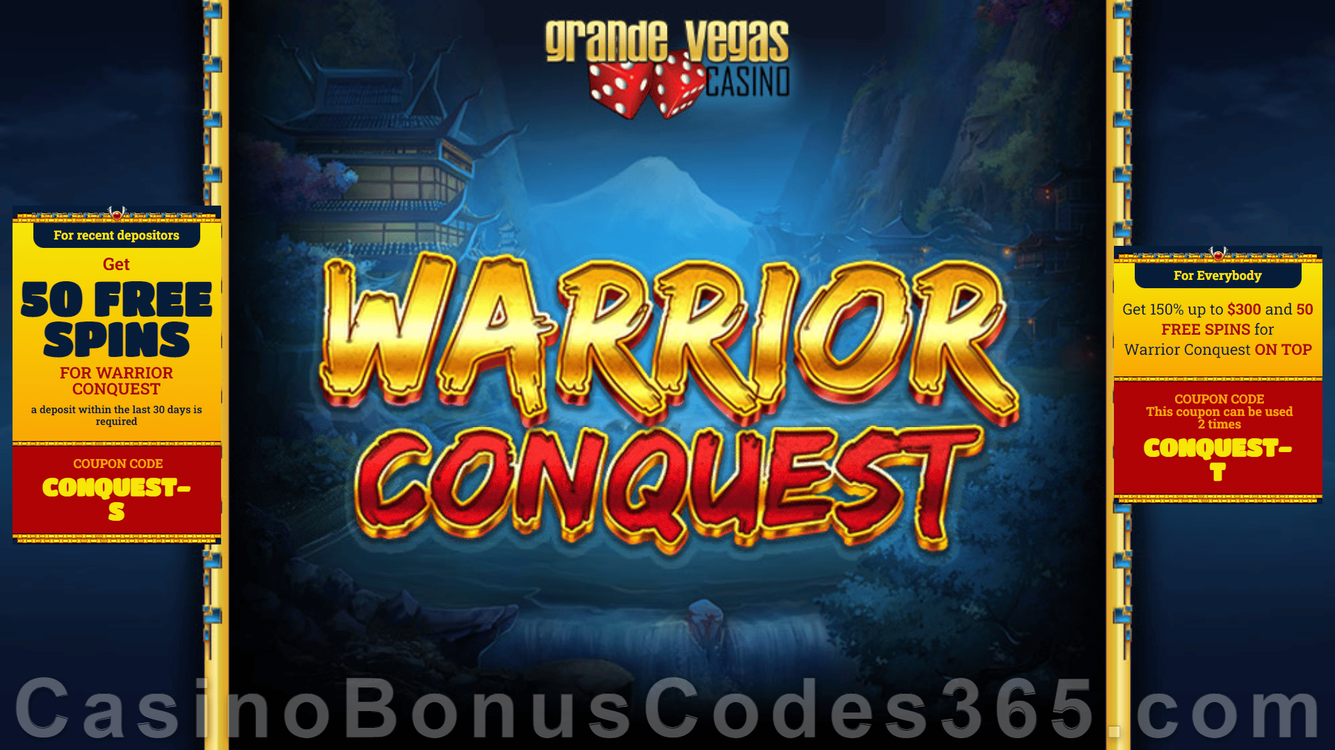 Grande Vegas Casino New RTG Game Warrior Conquest 150% up to $300 Bonus plus 150 FREE Spins Special Promotion