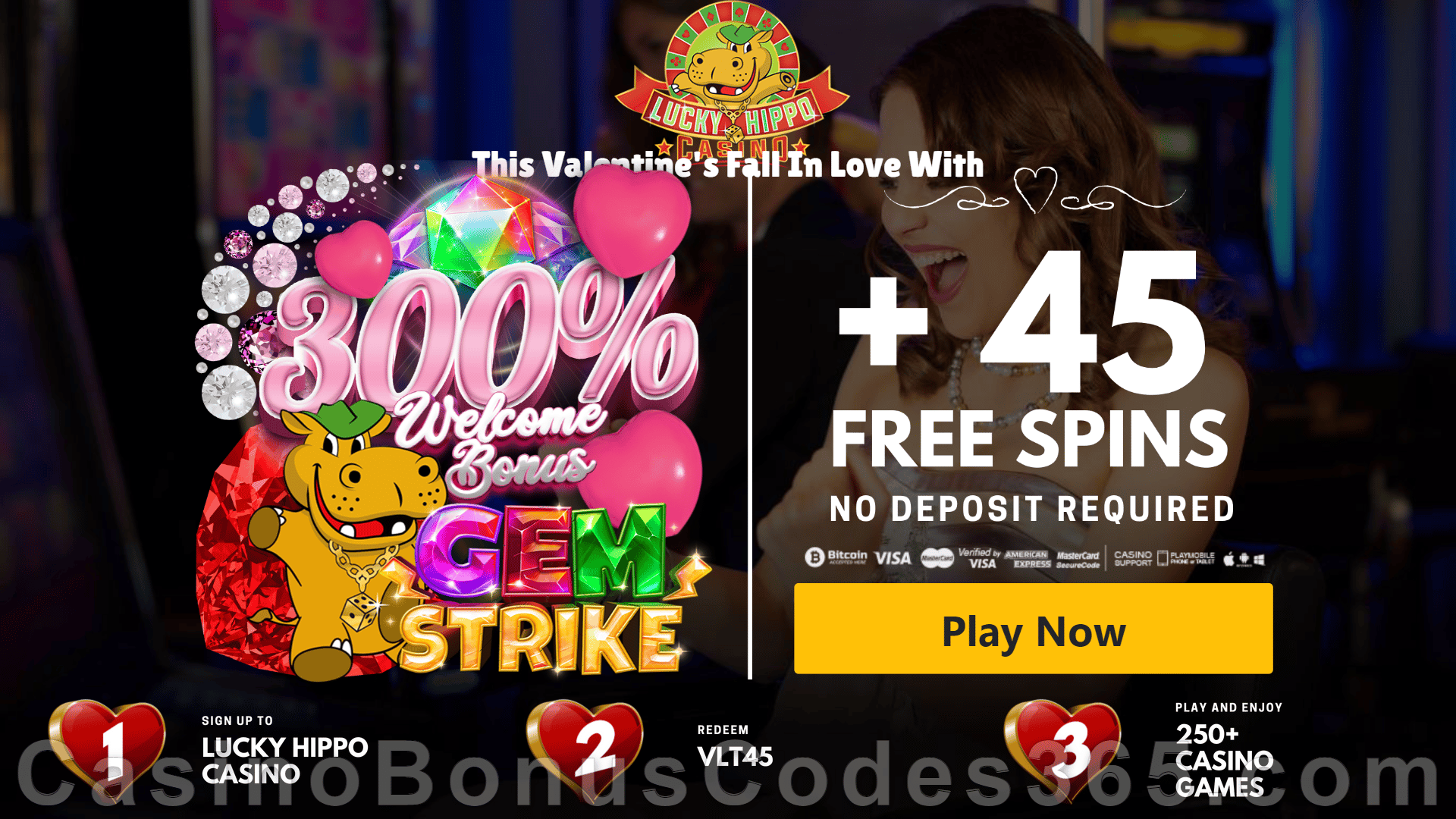 Lucky Hippo Casino Special Deal 45 No Deposit FREE Spins on RTG Gem Strike plus 300% Match up to $3000 Bonus