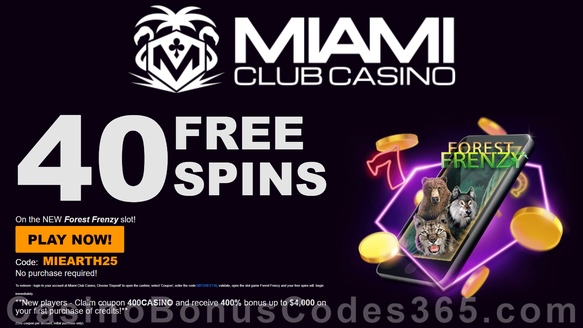 Miami Club Casino 75 FREE Spins on WGS Forest Frenzy No Deposit Deal for All Players