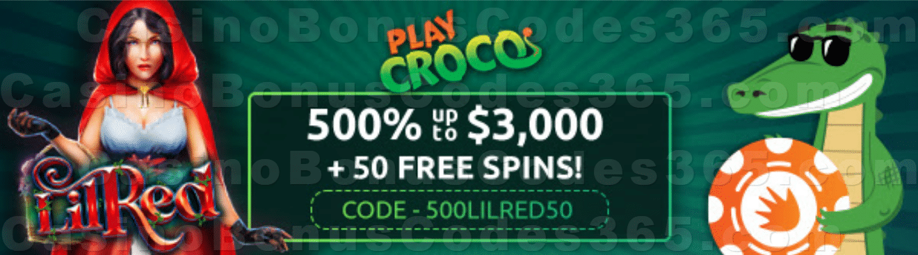 PlayCroco 500% up to $3000 Bonus plus 50 FREE Spins on RTG Lil Red Special New Players Deal