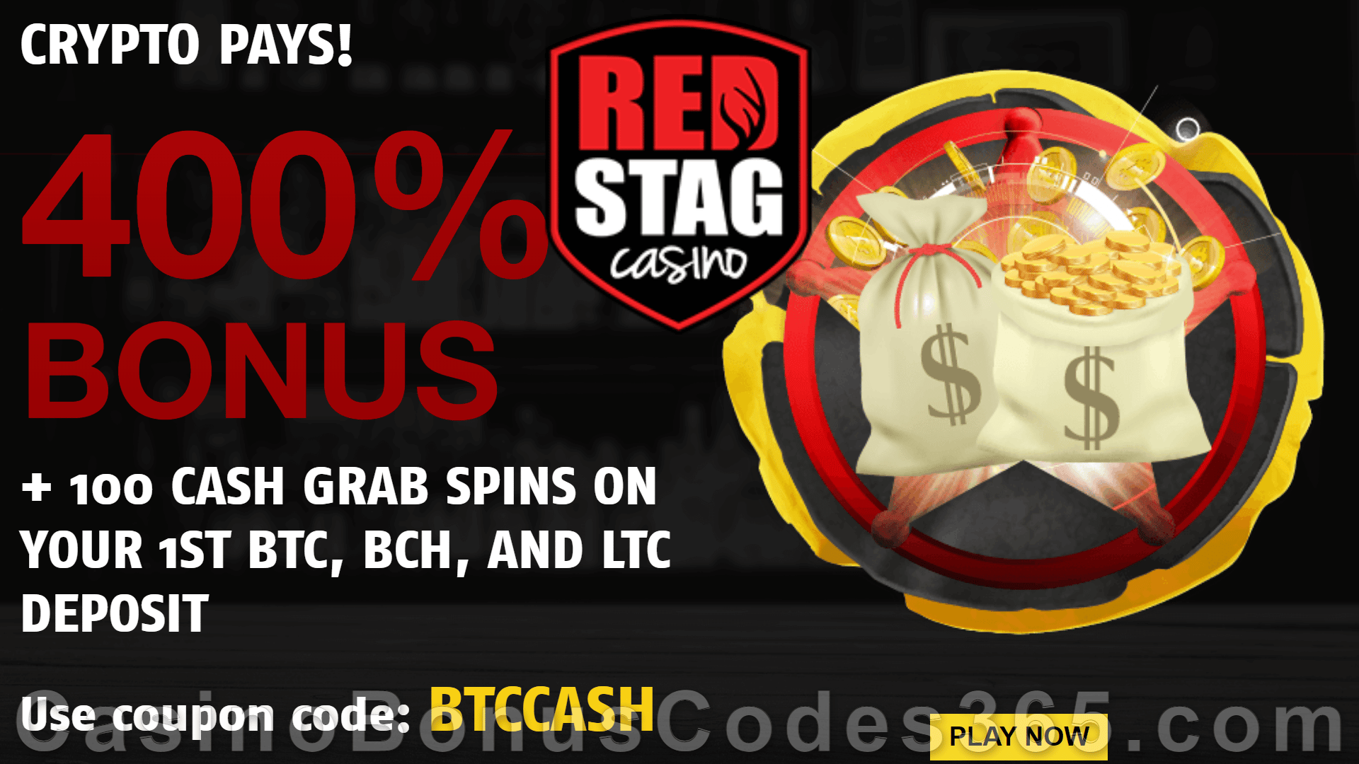 Red Stag Casino 43 FREE Spins on Cash Grab and 400% Match plus 100 FREE Spins Special New WGS Game Bonus Pack