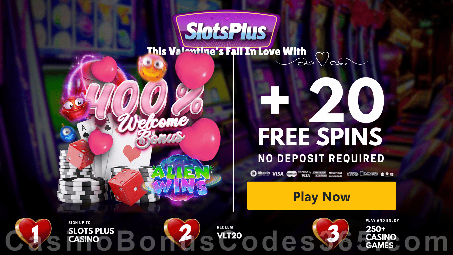 SlotsPlus 20 FREE RTG Alien Wins Spins plus 400% Match up to $2500 Bonus New Players Deal