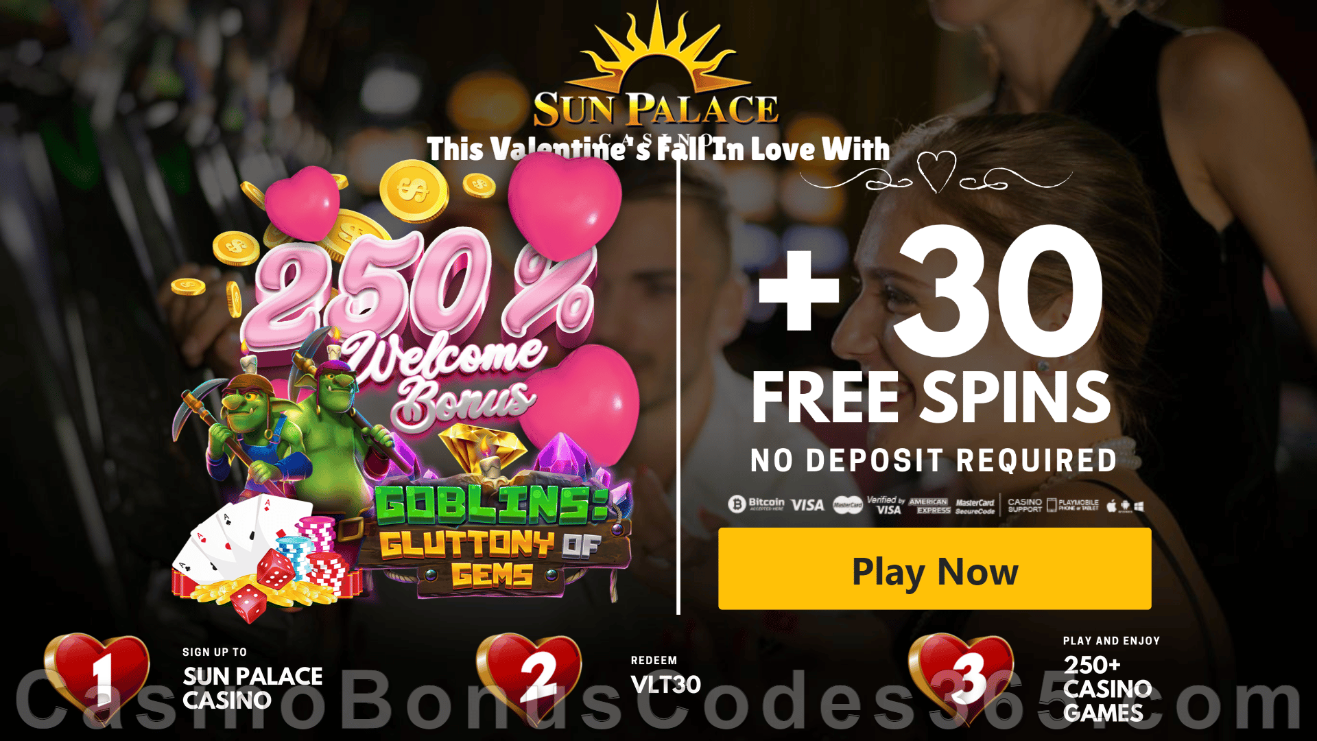 Sun Palace Casino 30 FREE RTG Goblins: Gluttony of Gems Spins plus 250% Match Bonus New Players Halloween Sign Up Pack