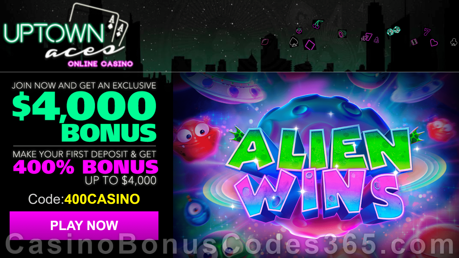 Uptown Aces Special RTG Game Alien Wins 400% Match up to $4000 Bonus Sign Up Deal