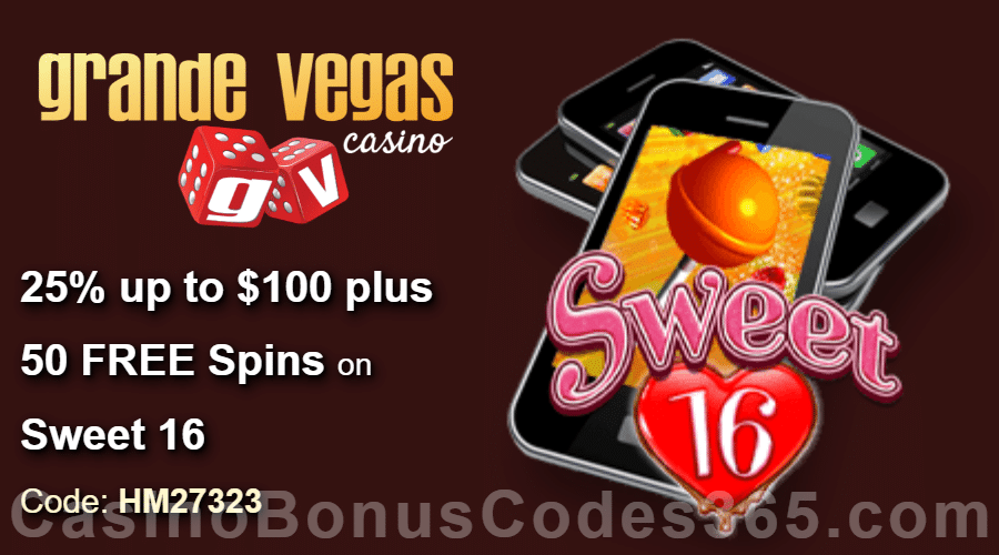 Grande Vegas Casino 25% up to $100 plus 50 FREE Spins on RTG Sweet 16 Special Deal