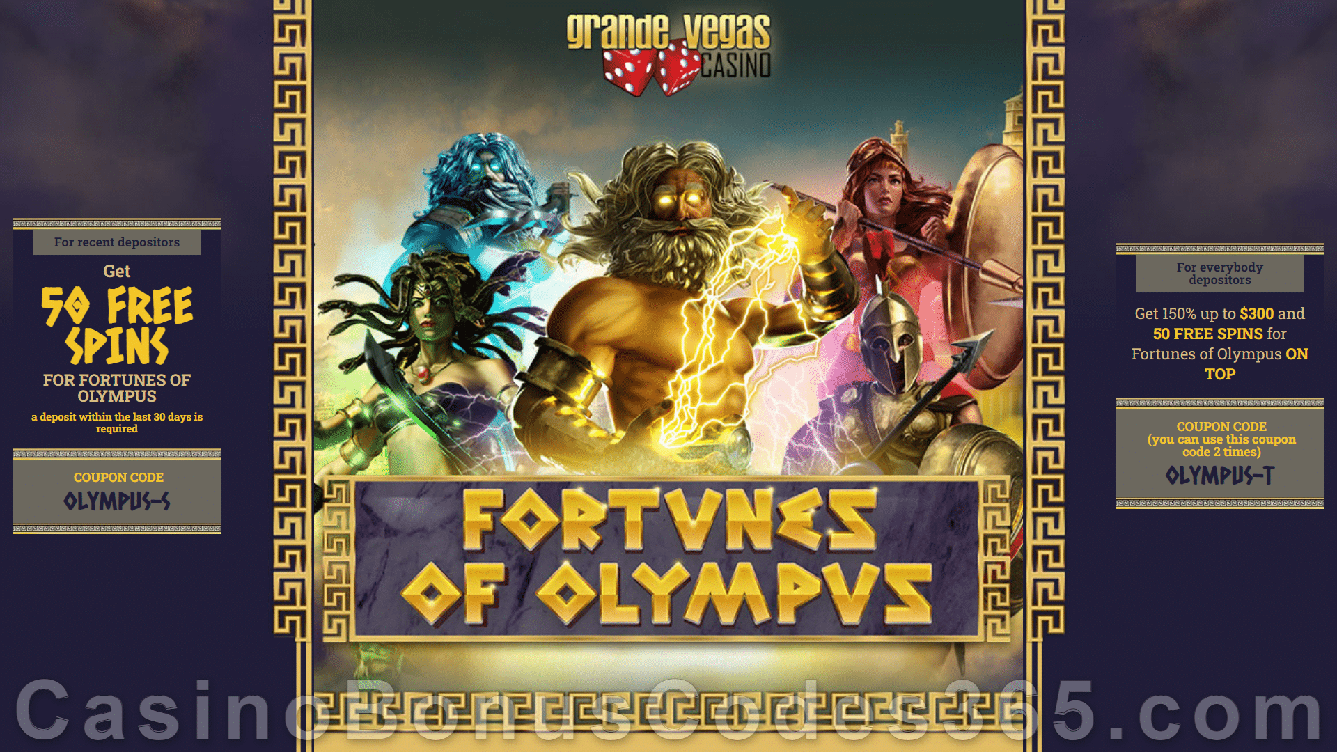 Grande Vegas Casino New RTG Game Fortunes of Olympus 150% up to $300 Bonus plus 150 FREE Spins Special Promotion