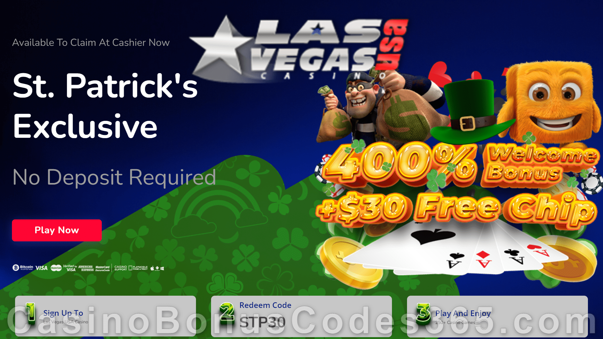 Las Vegas USA Casino $30 FREE Chip plus 400% Match Bonus Special Welcome Deal