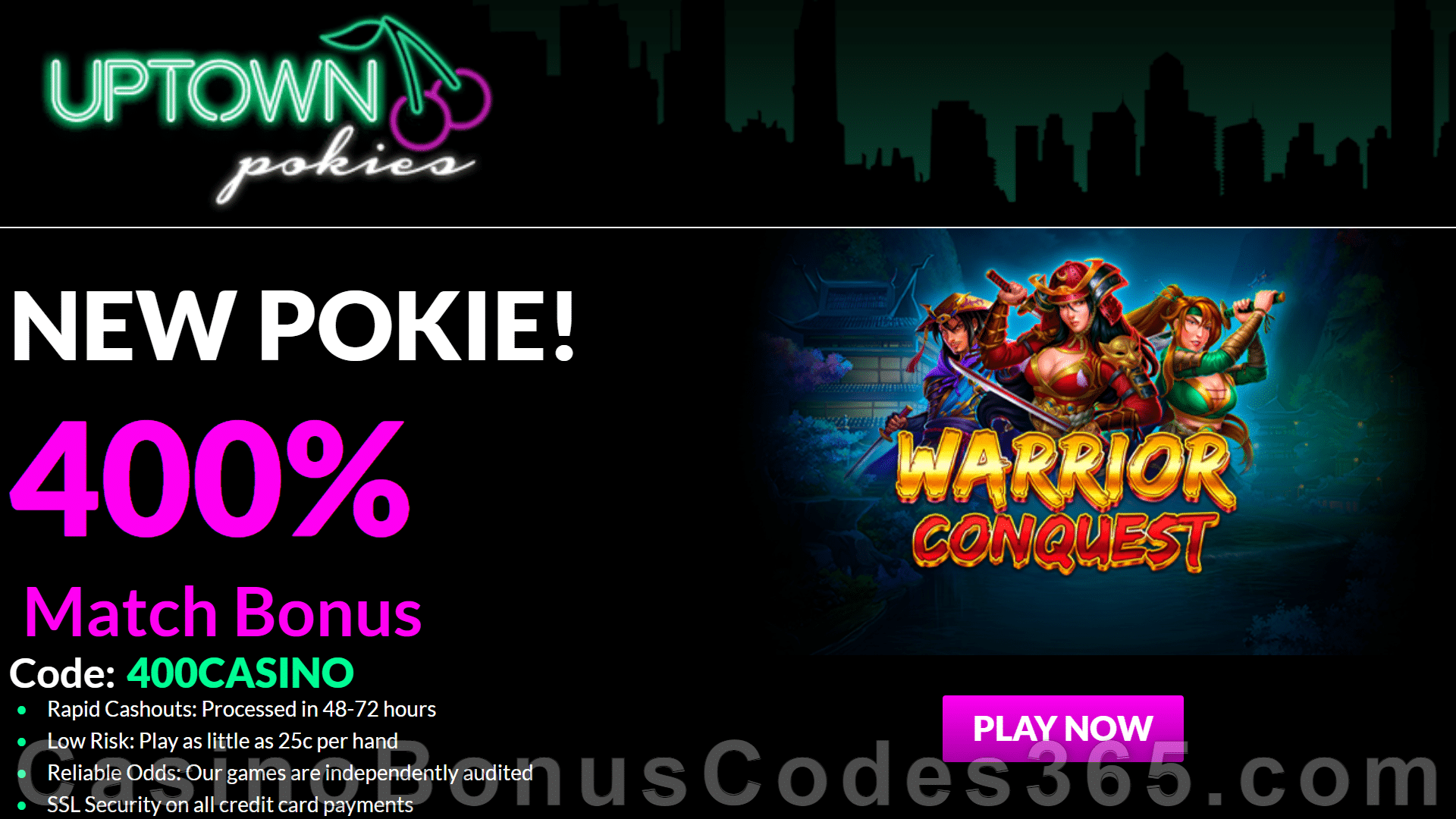 Uptown Pokies RTG Pokies Warrior Conquest 400% Match up to $4000 Special Sign Up Deposit Gift Pack