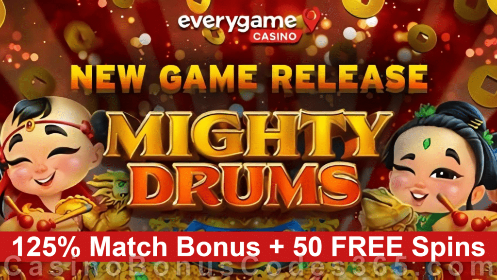 Everygame Casino Red 125% Match plus 50 FREE Spins New RTG Game Mighty