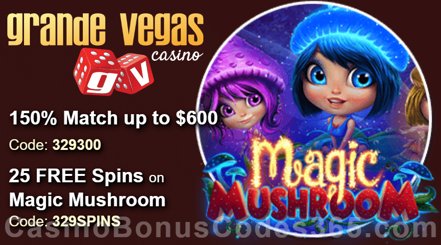 Grande Vegas Casino 150% up to $600 Bonus plus 25 FREE Spins on RTG Magic Mushroom Special Promo