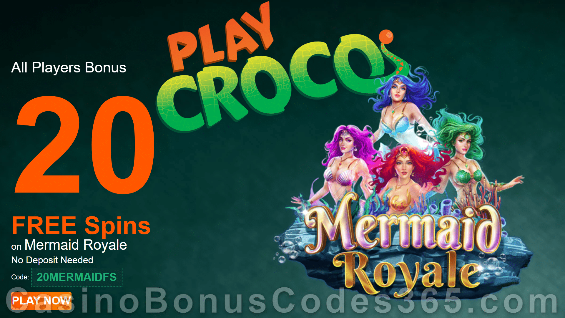 PlayCroco 25 FREE Mermaid Royale Spins Special No Deposit New RTG Game Promo