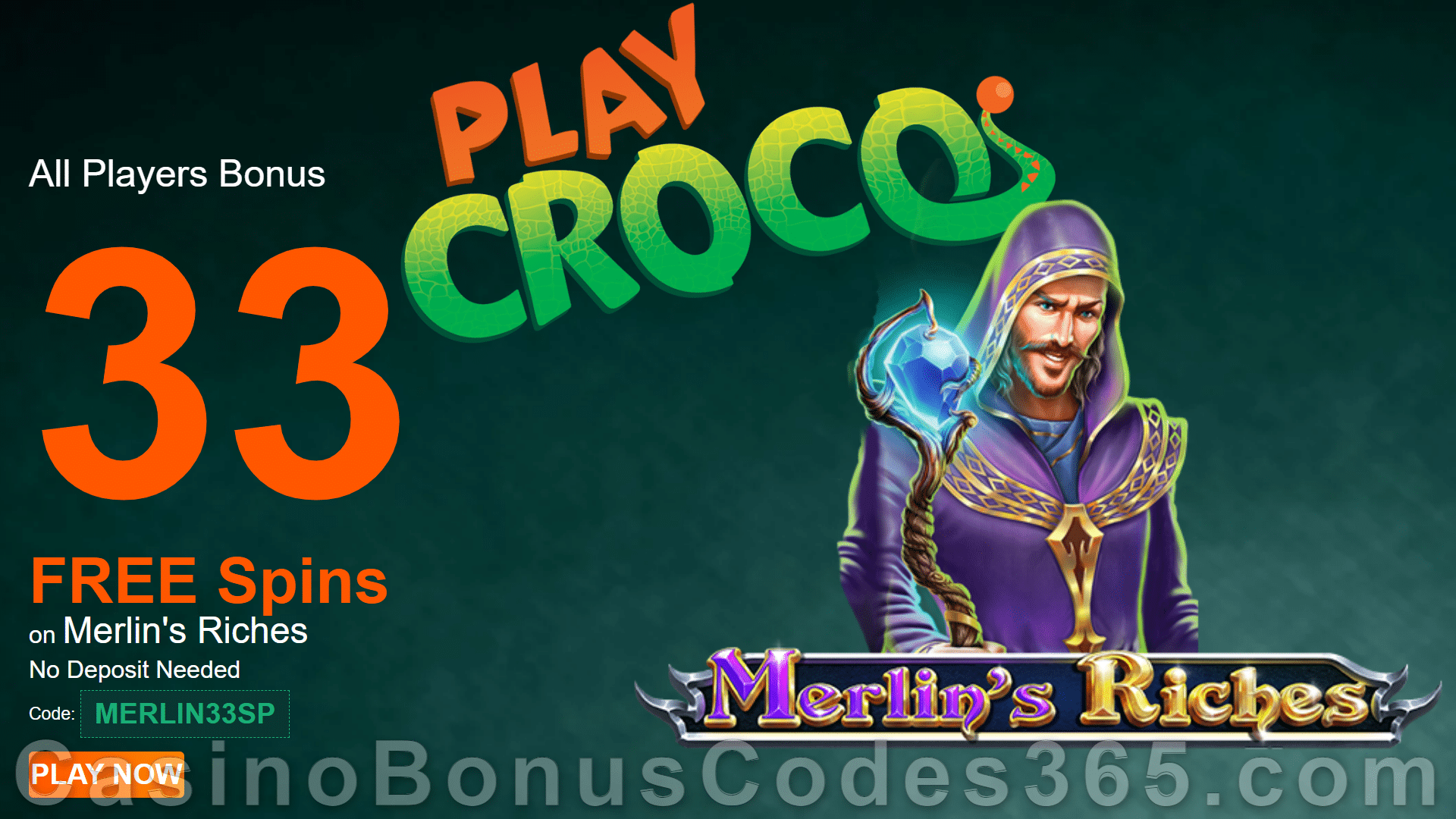 PlayCroco 33 FREE Merlin's Riches Spins Special No Deposit New RTG Game Promo