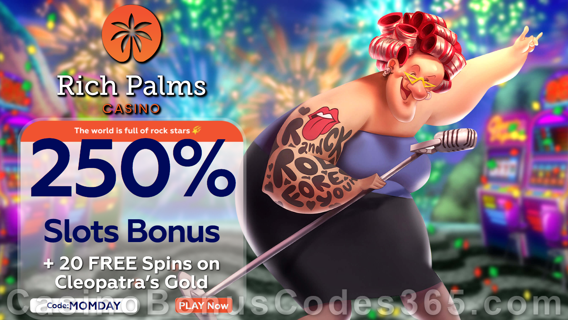 Rich Palms Casino 250% Match plus 20 FREE RTG Cleopatra's Gold Spins Special Mother's Day Promo