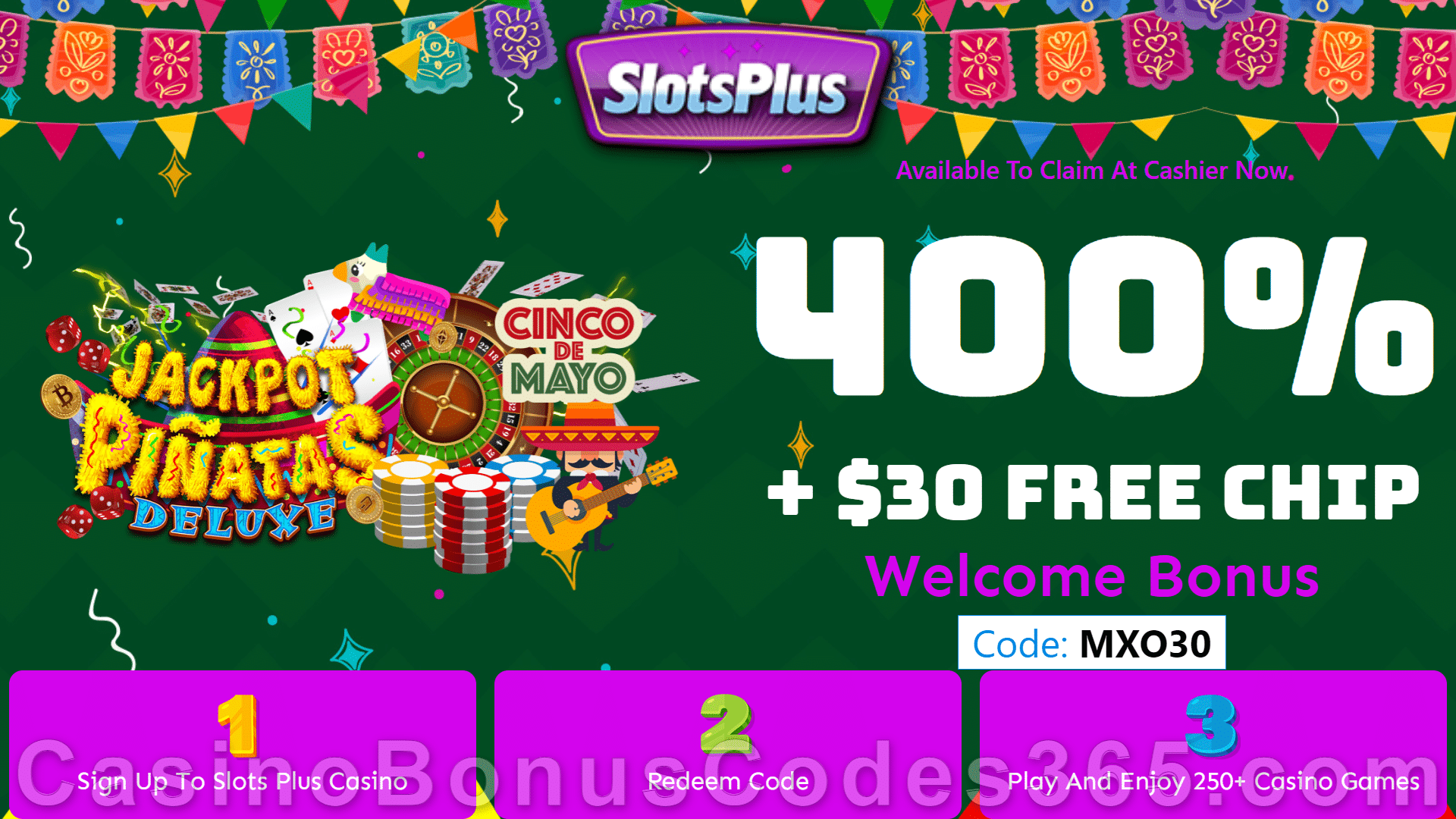 SlotsPlus $30 No Deposit FREE Chip plus 400% Match Bonus Special Hoilday Deal