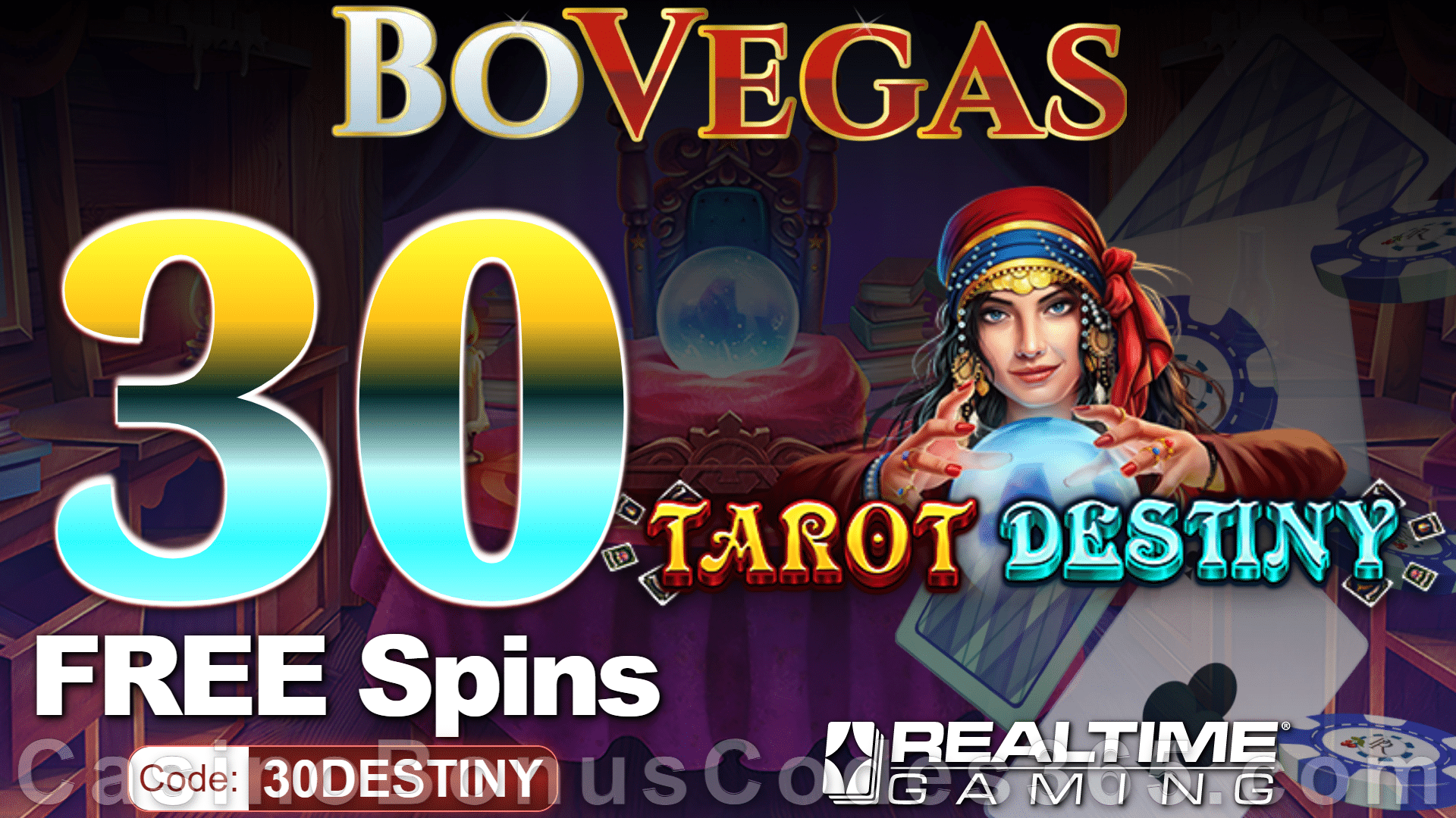 BoVegas Casino 250% Match Bonus plus 30 FREE Spins RTG Tarot Destiny Independence Day Promo