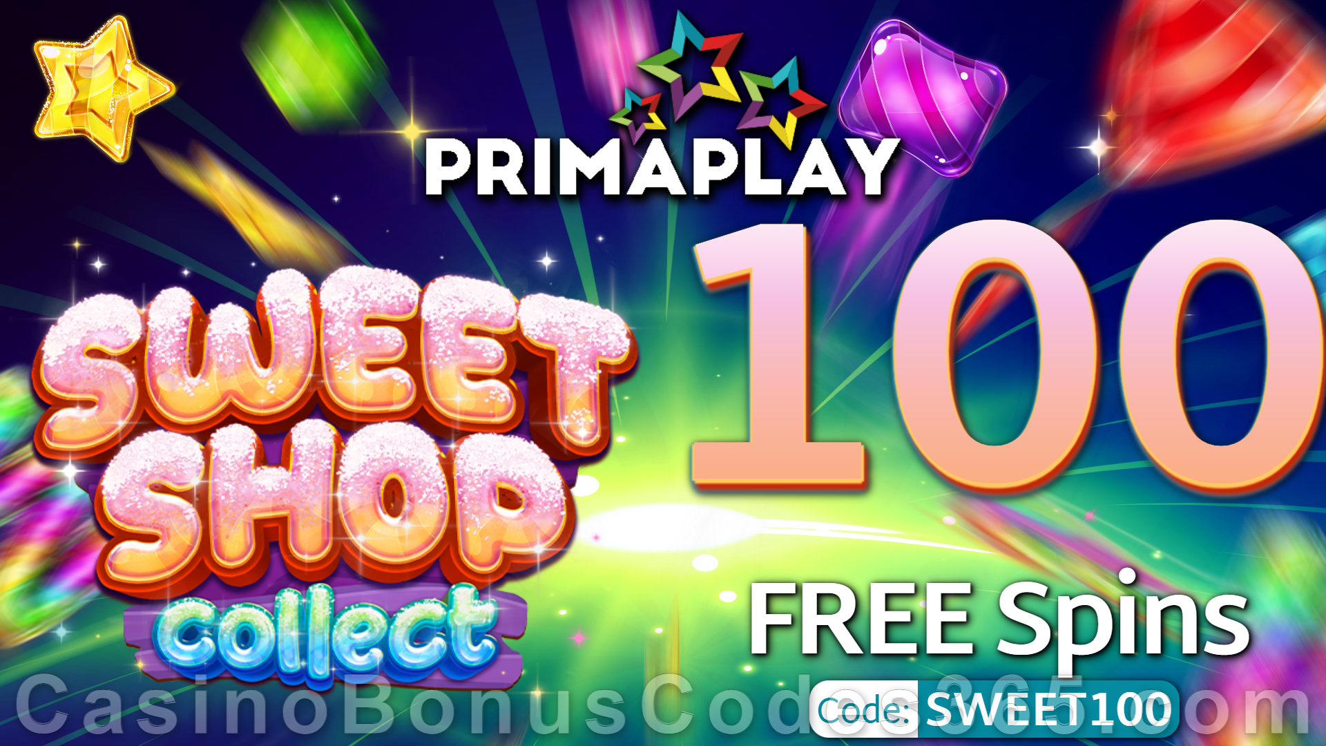 Prima Play Sweet Shop Collect 100 FREE Spins Special New RTG Game Deal