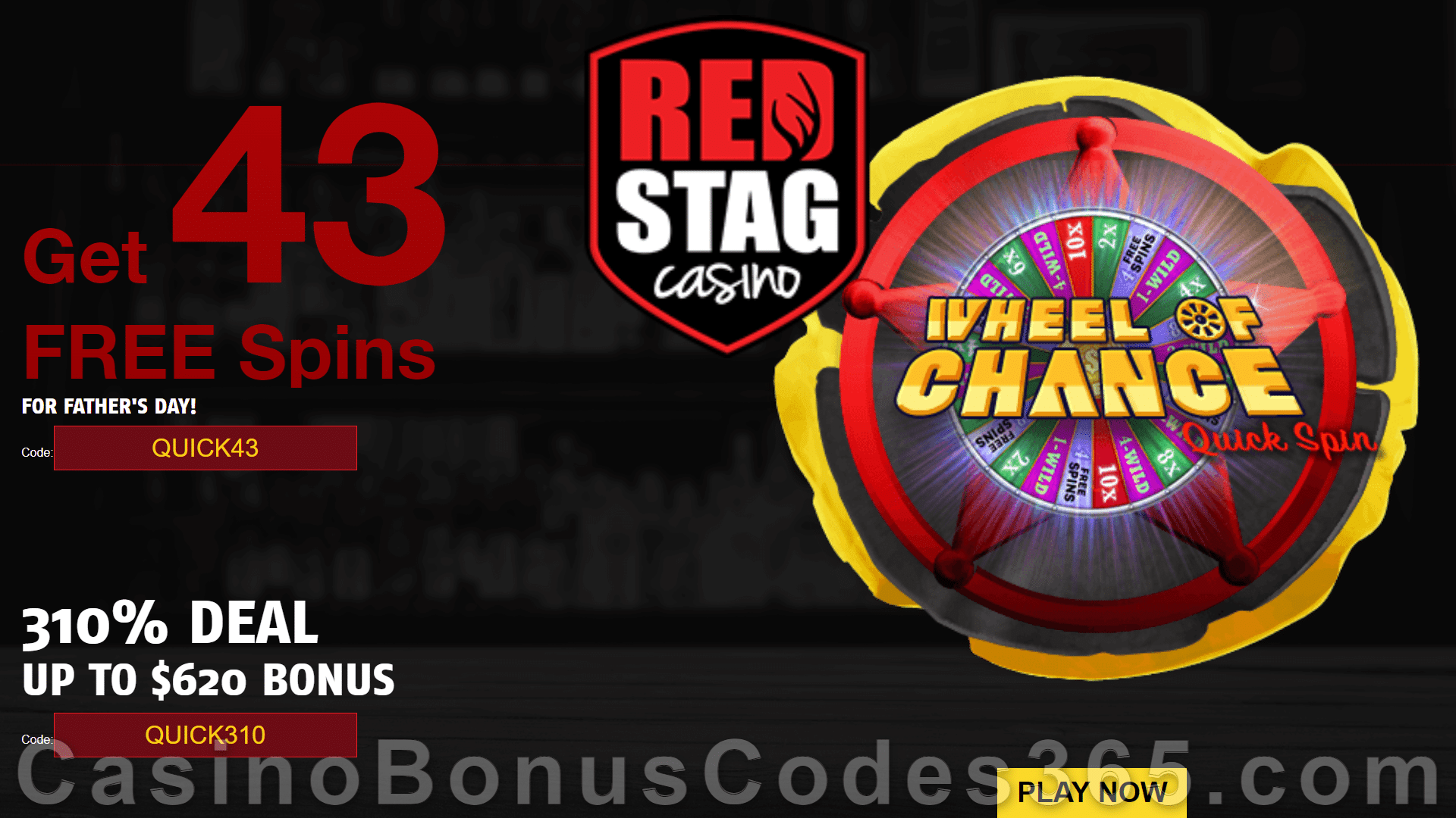 Red Stag Casino 43 FREE Spins on Wheel of Chance Quick Spin and 310% Match plus 125 FREE Spins Special New WGS Game Bonus Pack