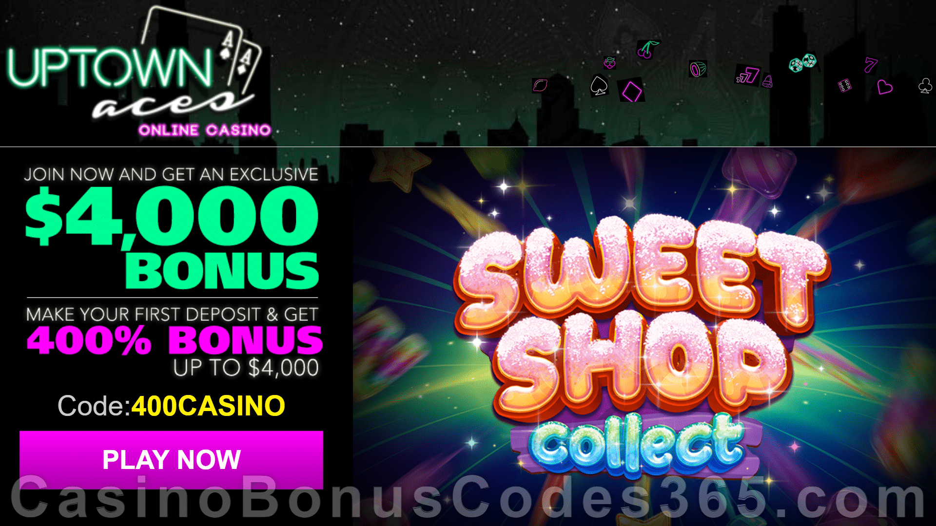 Uptown Aces Special RTG Game Sweet Shop Collect 400% Match up to $4000 Bonus Sign Up Deal