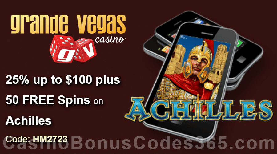 Grande Vegas Casino 25% up to $100 plus 50 FREE Spins on RTG Achilles Special Promo