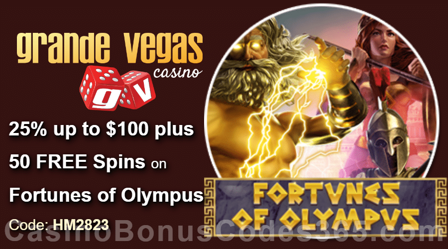 Grande Vegas Casino 25% up to $100 plus 50 FREE Spins on RTG Fortunes of Olympus Special Weekly Deal