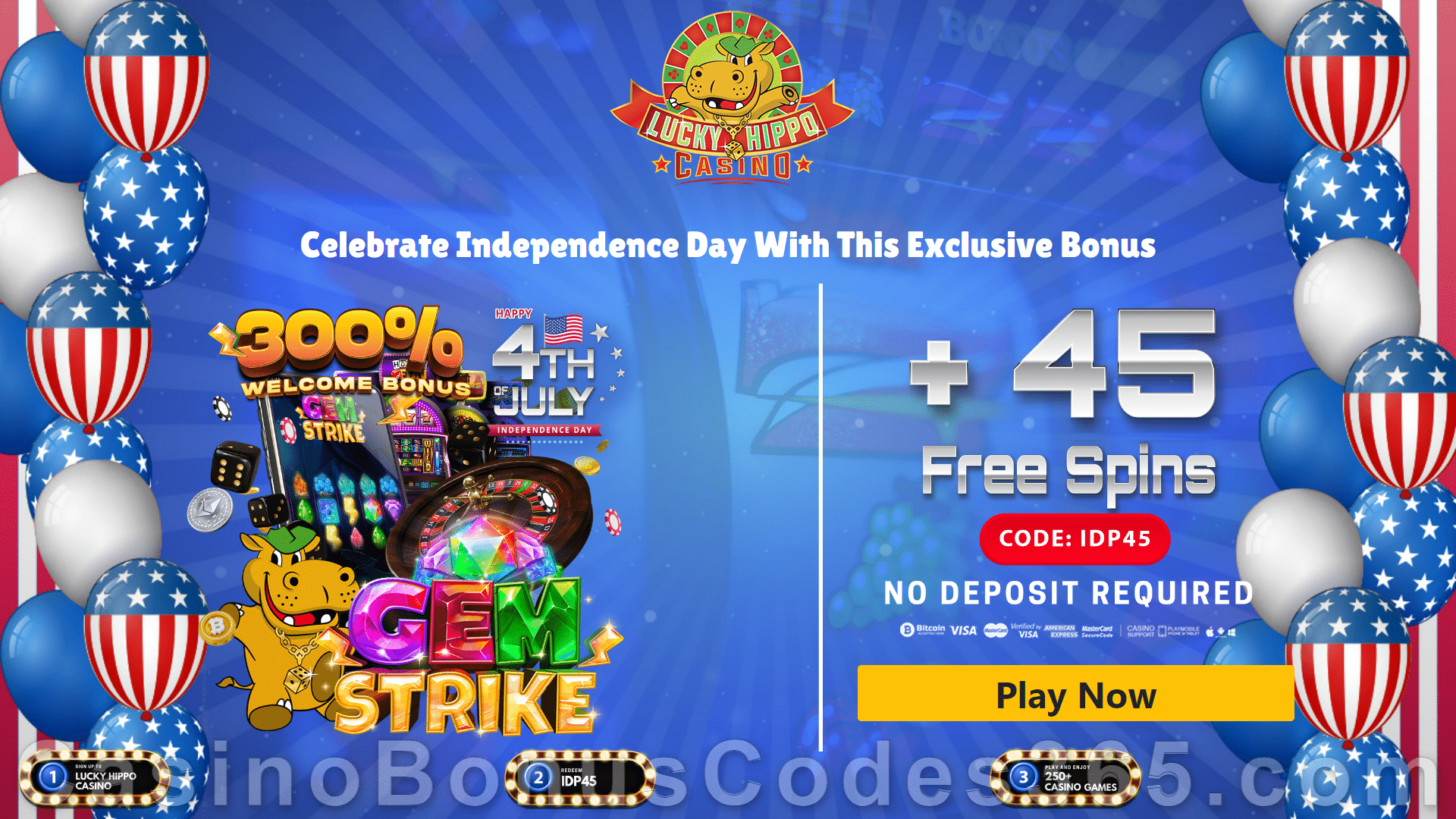 Lucky Hippo Casino 300% Match plus 45 FREE Spins on RTG Gem Strike New Year New Players Deal