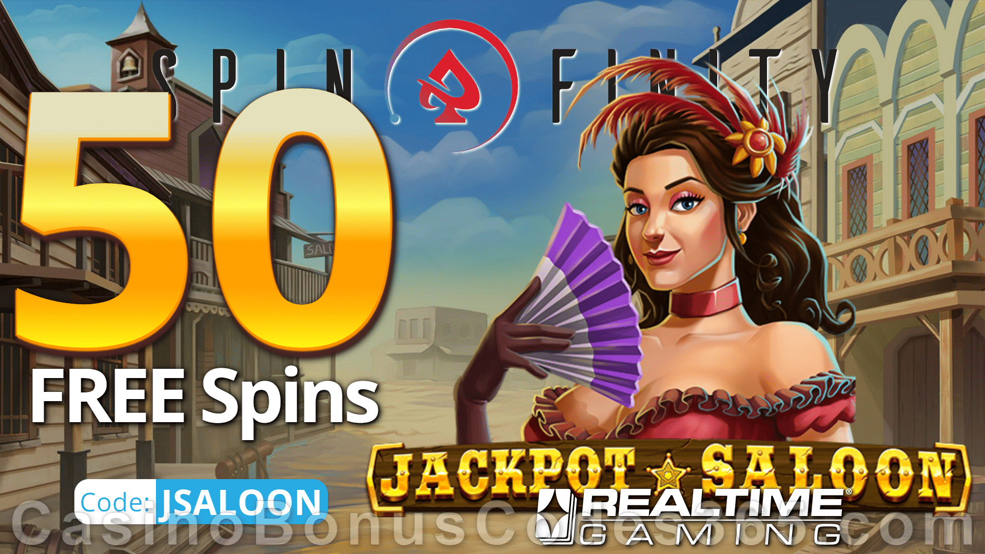 Spinfinity 50 FREE Spins on Jackpot Saloon Special New RTG Game No Deposit Promo