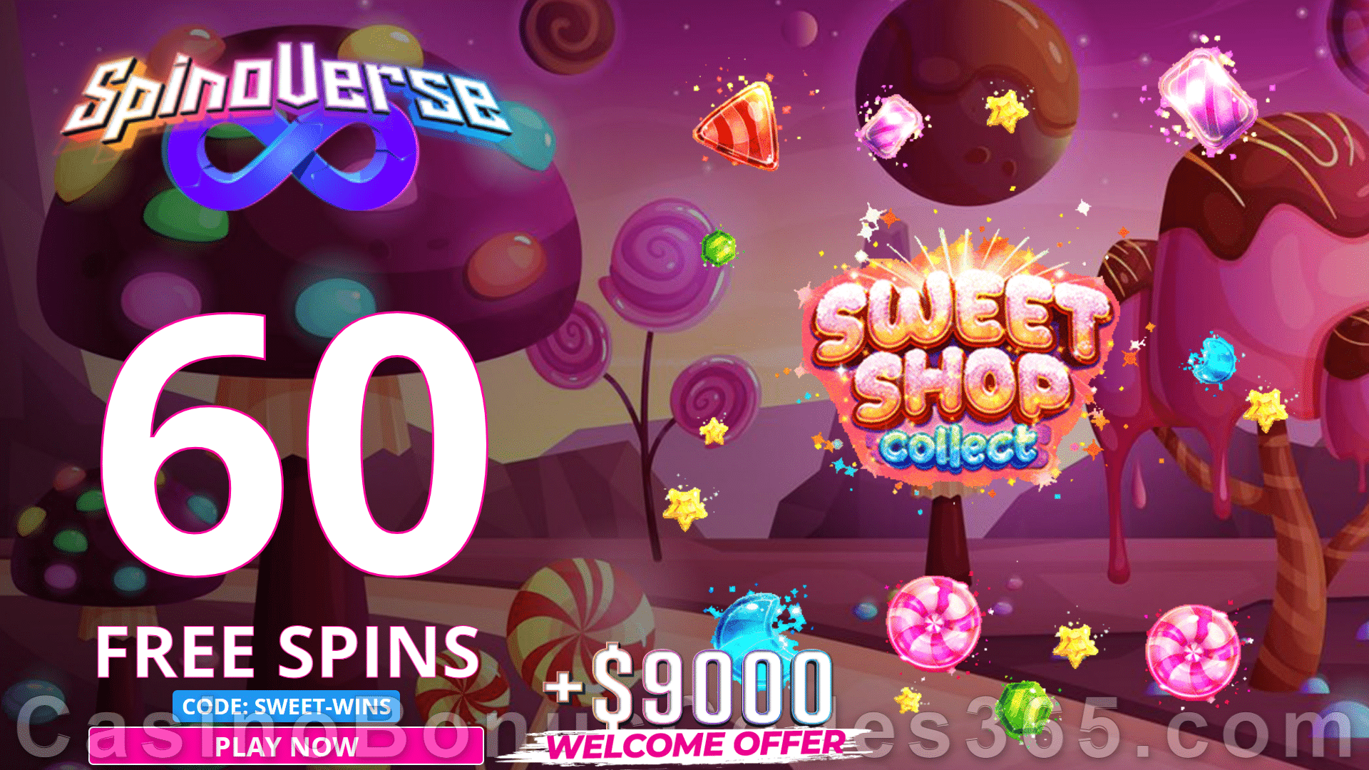 SpinoVerse 60 FREE Spins on RTG Sweet Shop Collect Exclusive No Deposit Sign Up Offer