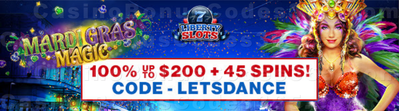 Liberty Slots 100% Match up to $200 Bonus plus 45 FREE Spins on WGS Mardi Gras Jokers Wild Special New Players Sign Up Offer