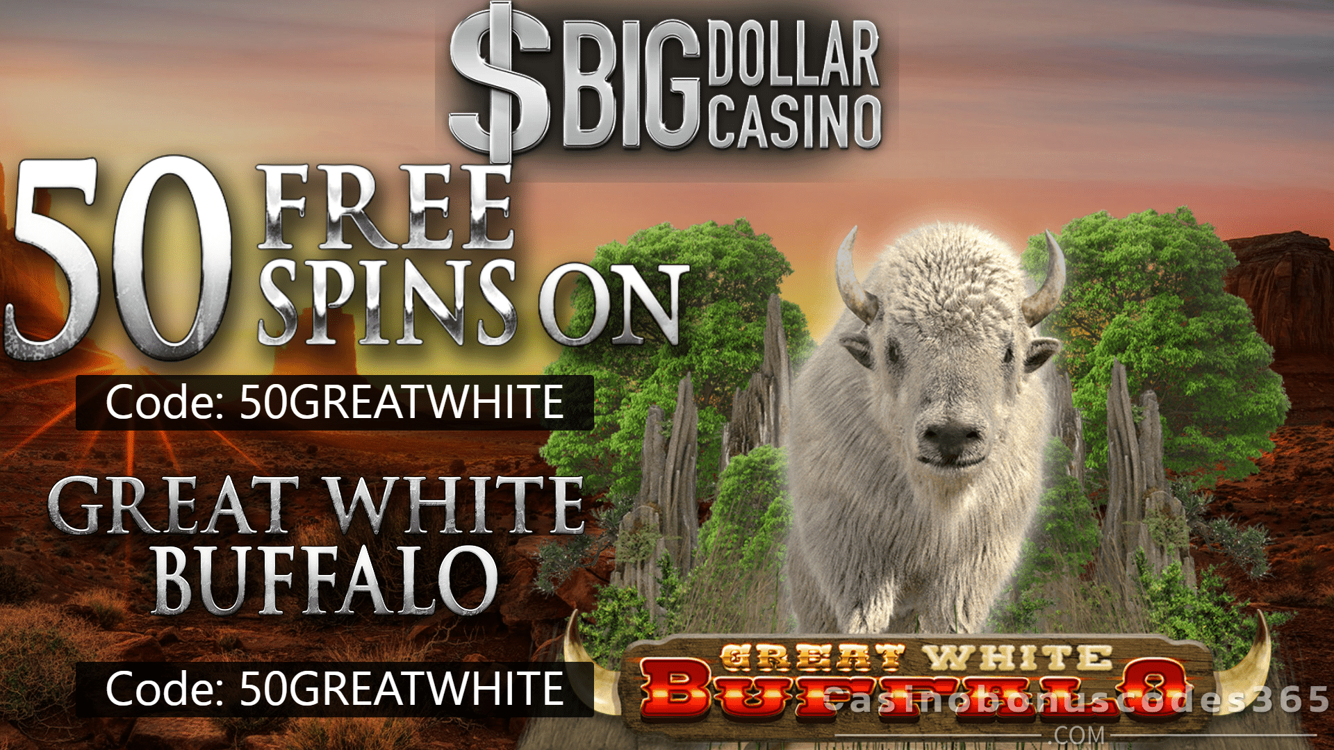 Big Dollar Casino 50 FREE Saucify Great White Buffalo Spins plus 240% Match Bonus Special Offer