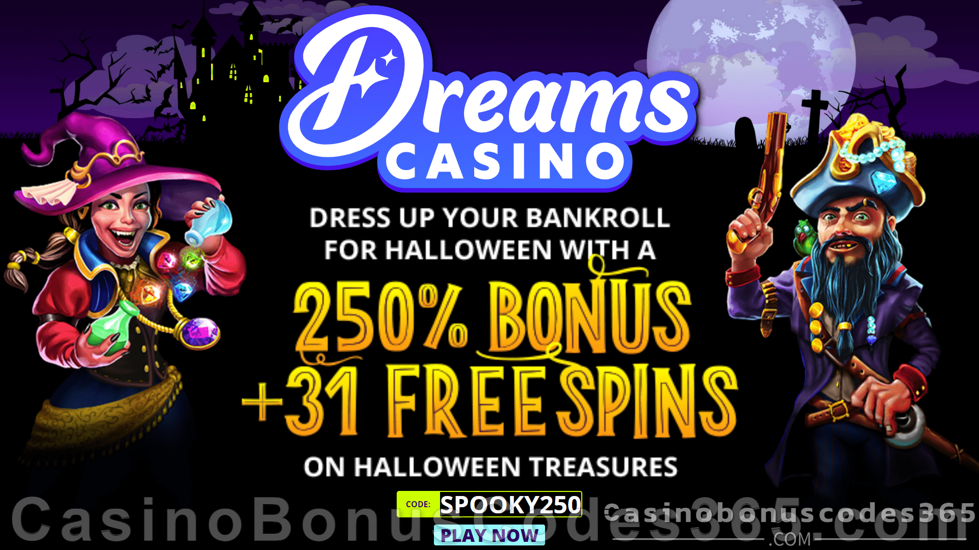 Dreams Casino 25 FREE RTG Halloween Treasures Spins Special Deal