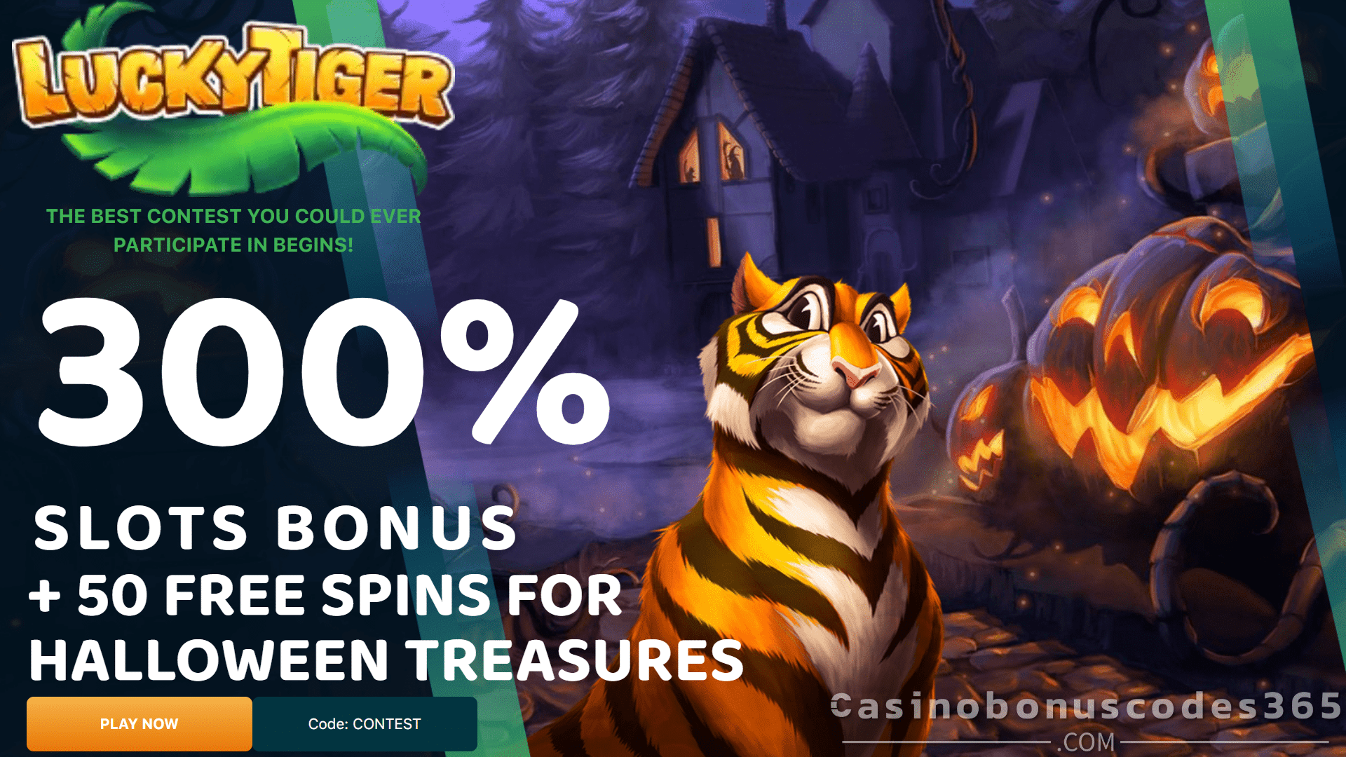 Lucky Tiger Casino 300% Match Slots Bonus plus 50 FREE Spins on RTG Halloween Treasures Joining Welcome Offer