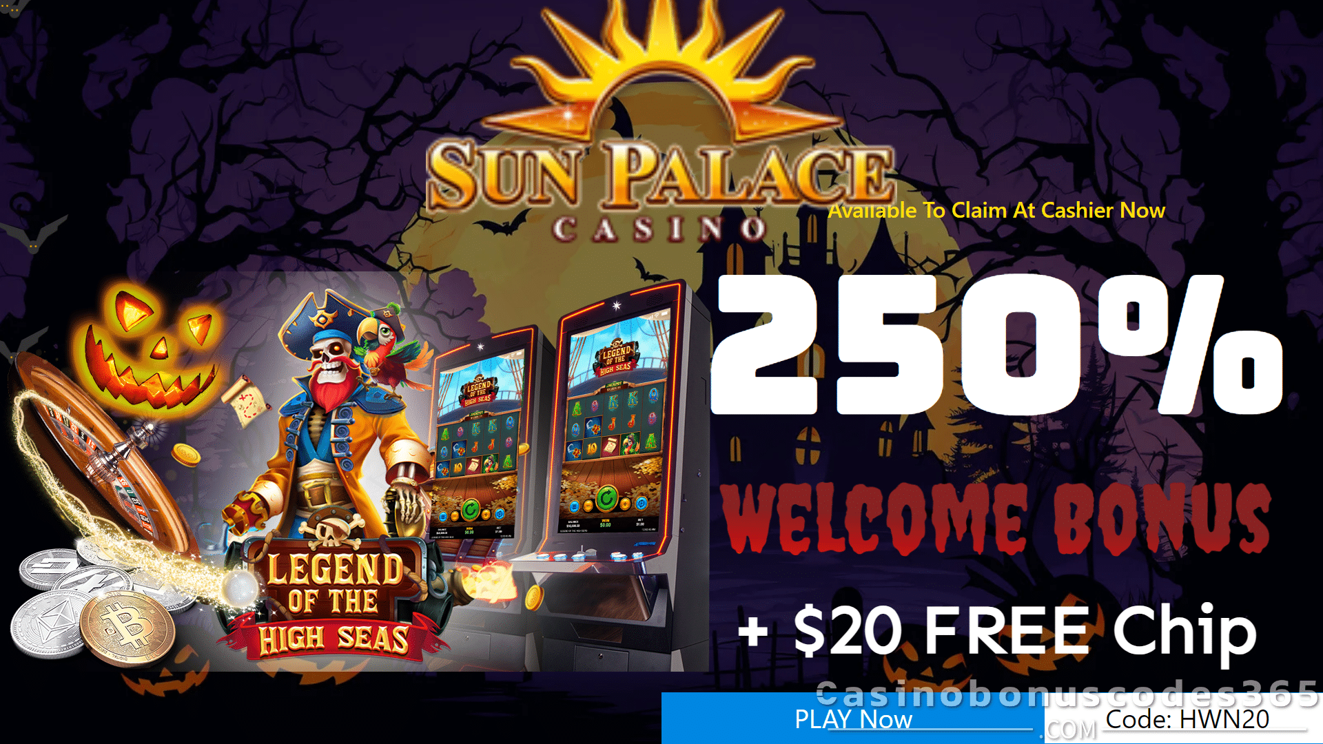 Sun Palace Casino RTG Legend of the High Seas $20 FREE Chip plus 250% Match Special Halloween Bonus