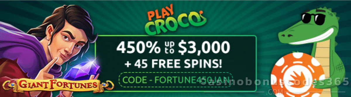 PlayCroco 450% up to $3000 Bonus plus 45 FREE Spins on Giant Fortunes New Players Sign Up Offer