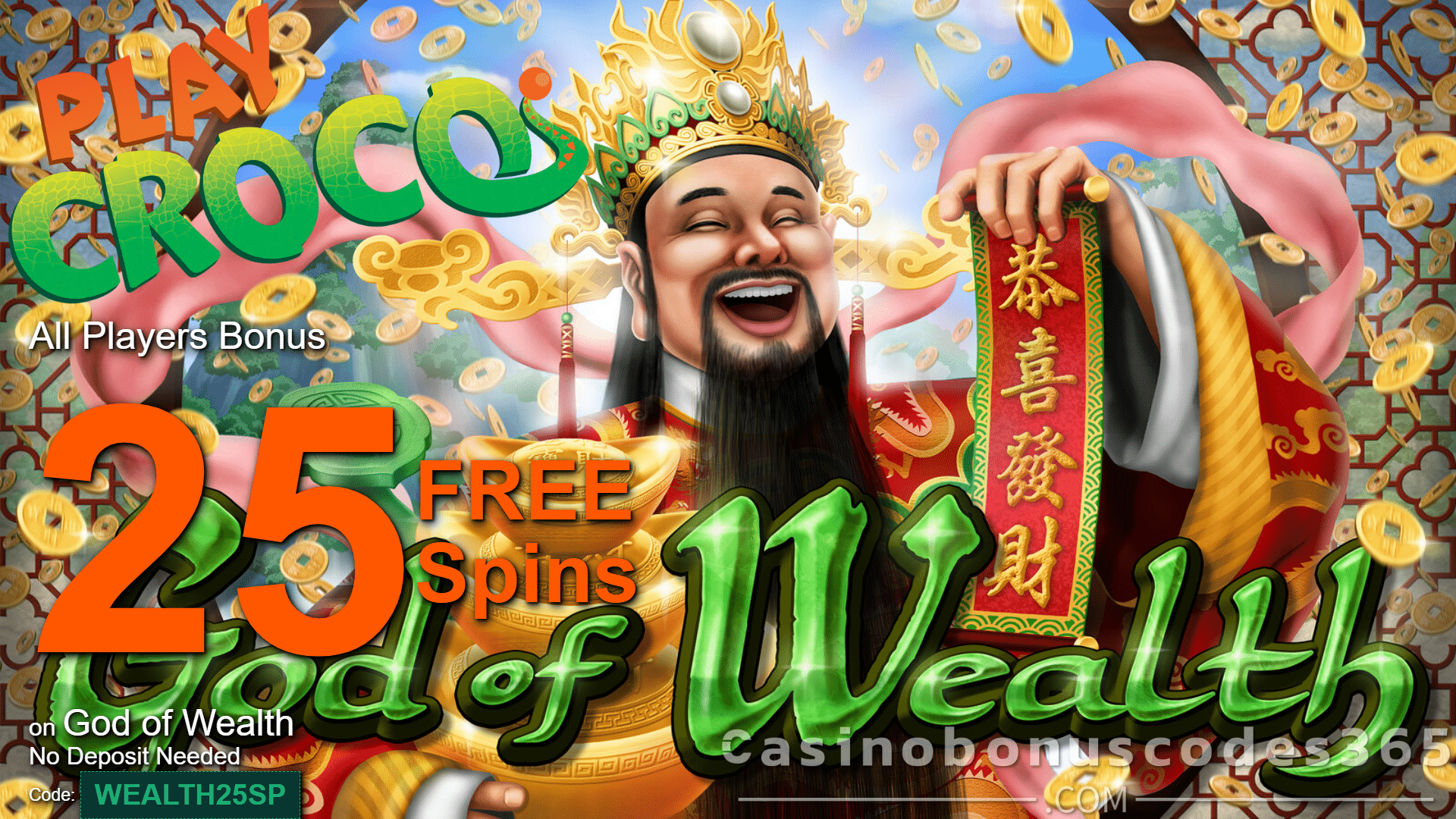 PlayCroco 25 FREE God of Wealth Spins Special No Deposit New SpinLogic Game Promo