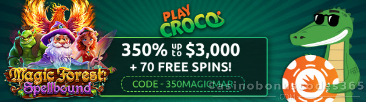 PlayCroco 350% Match up to $3,000 plus 70 FREE Spins on Magic Forest: Spellbound