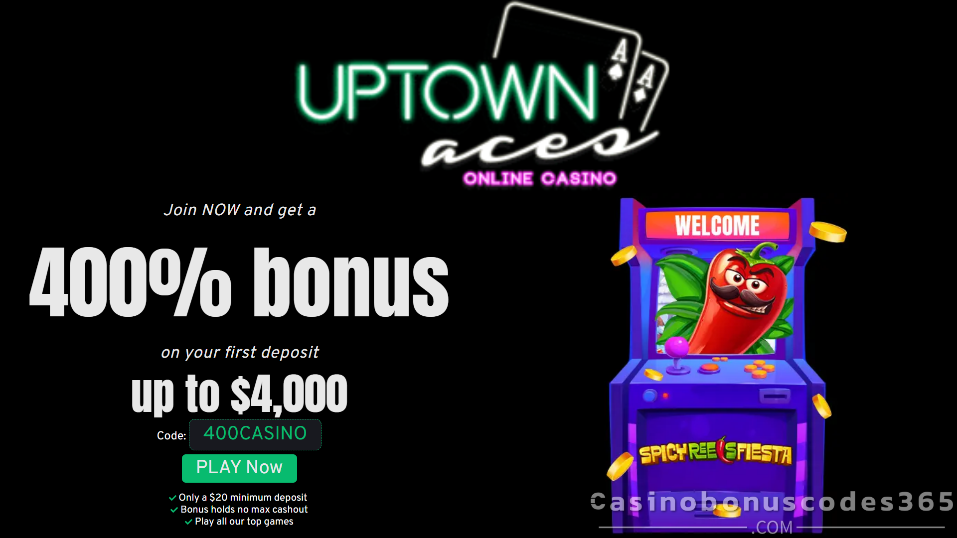 Uptown Aces 15 FREE Spins on Spicy Reels Fiesta + 400% Match Bonus