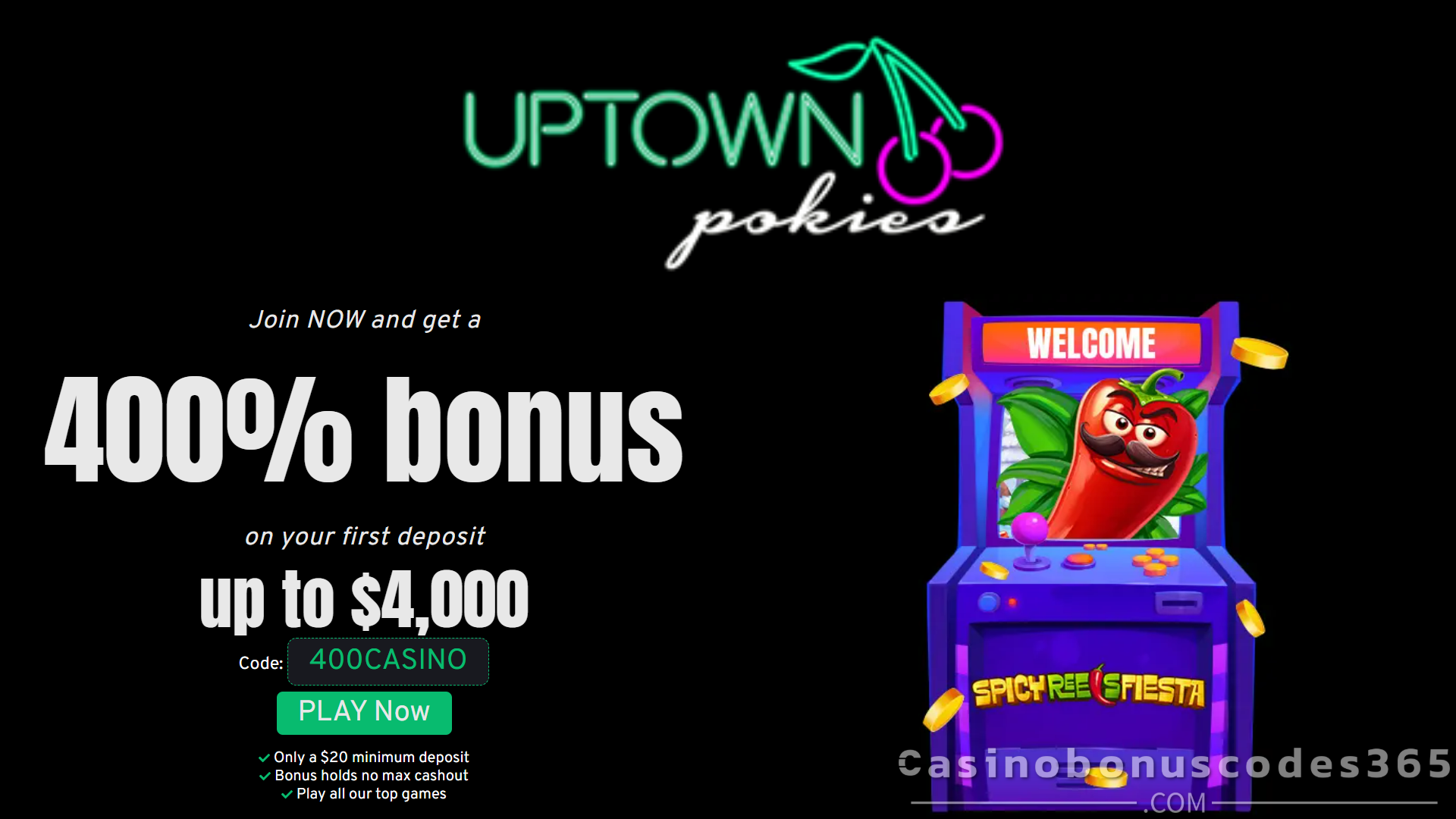 Uptown Pokies 15 FREE Spins on Spicy Reels Fiesta + 400% Match Bonus