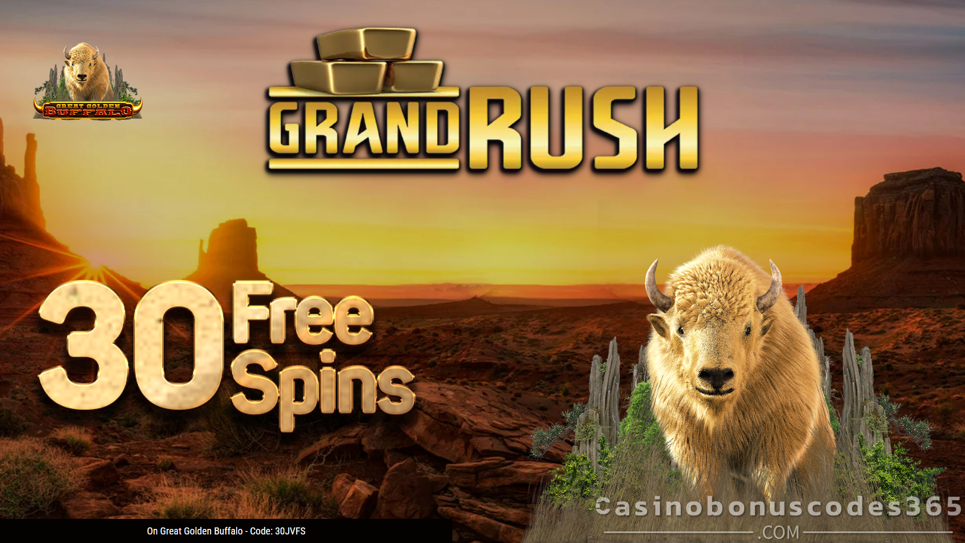 Grand Rush Casino 30 FREE Spins on Saucify Great Golden Buffalo Slot