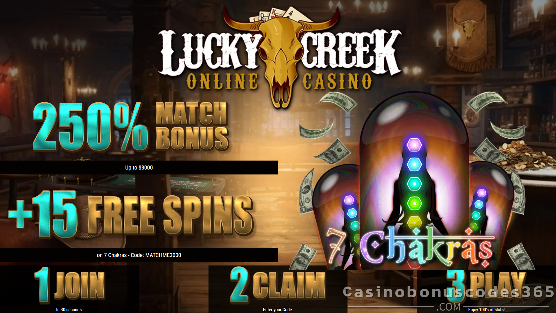 Lucky Creek Casino 250% Match Bonus + 15 FREE Spins on Saucify 7 Chakras