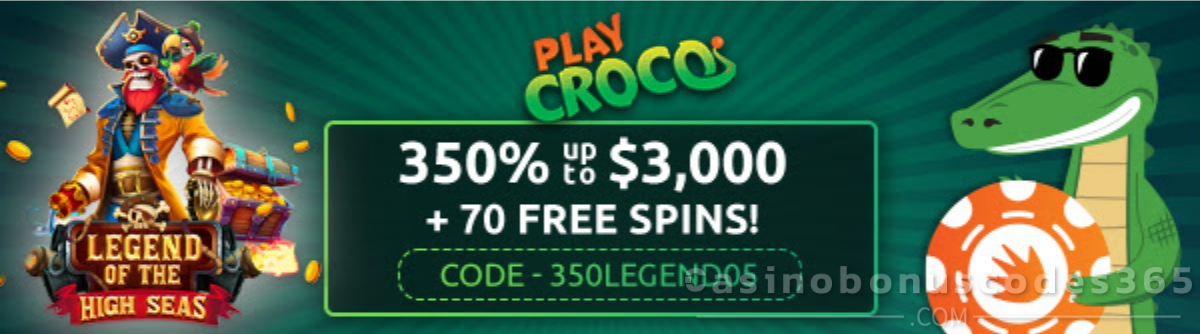 PlayCroco 350% Match up to $3000 plus 70 FREE Spins on Legend of the High Seas Pirate Pokies May Birthday Bonus