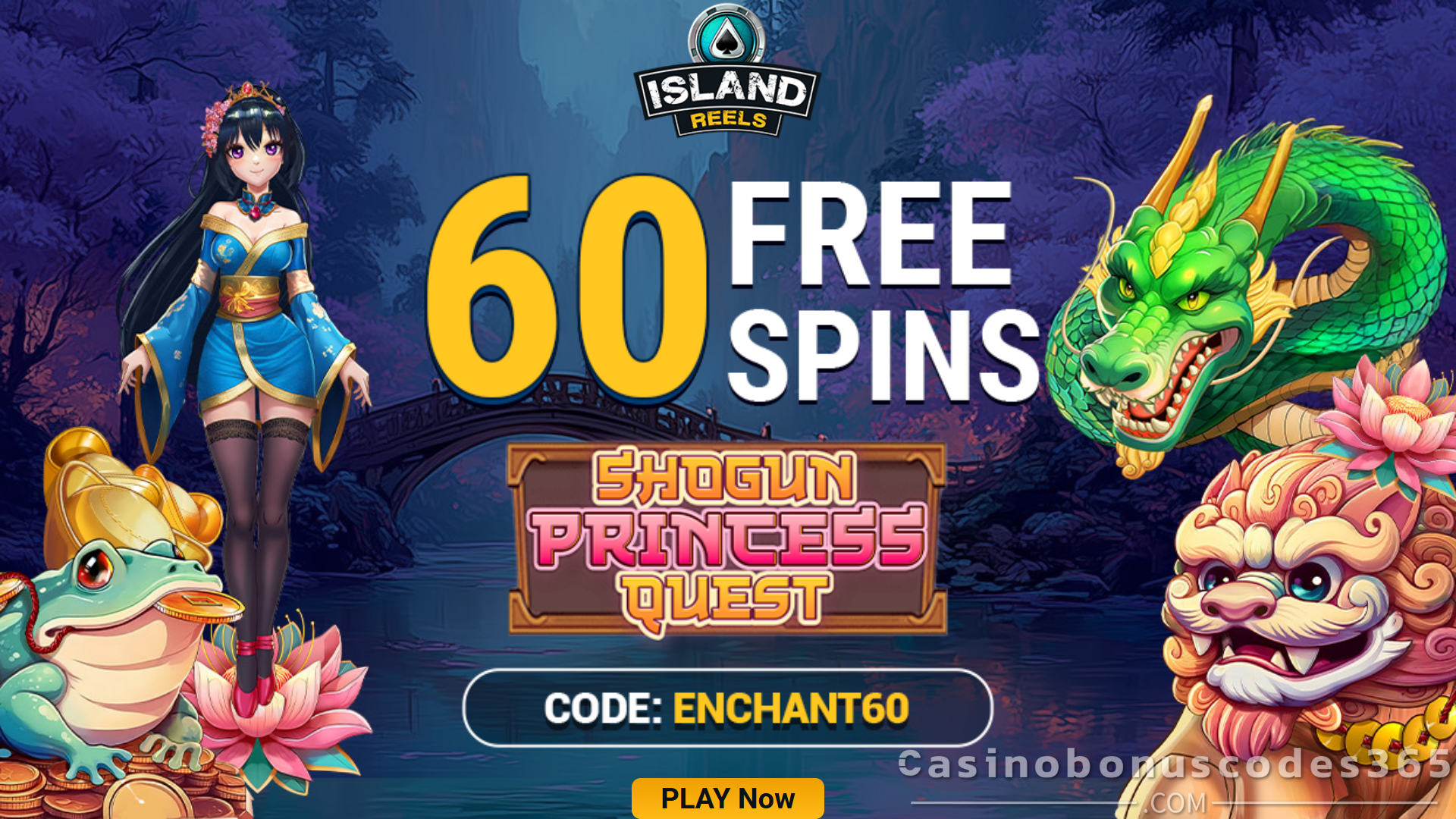 Island Reels 60 FREE Spins on Shogun Princess Quest No Deposit Bonus