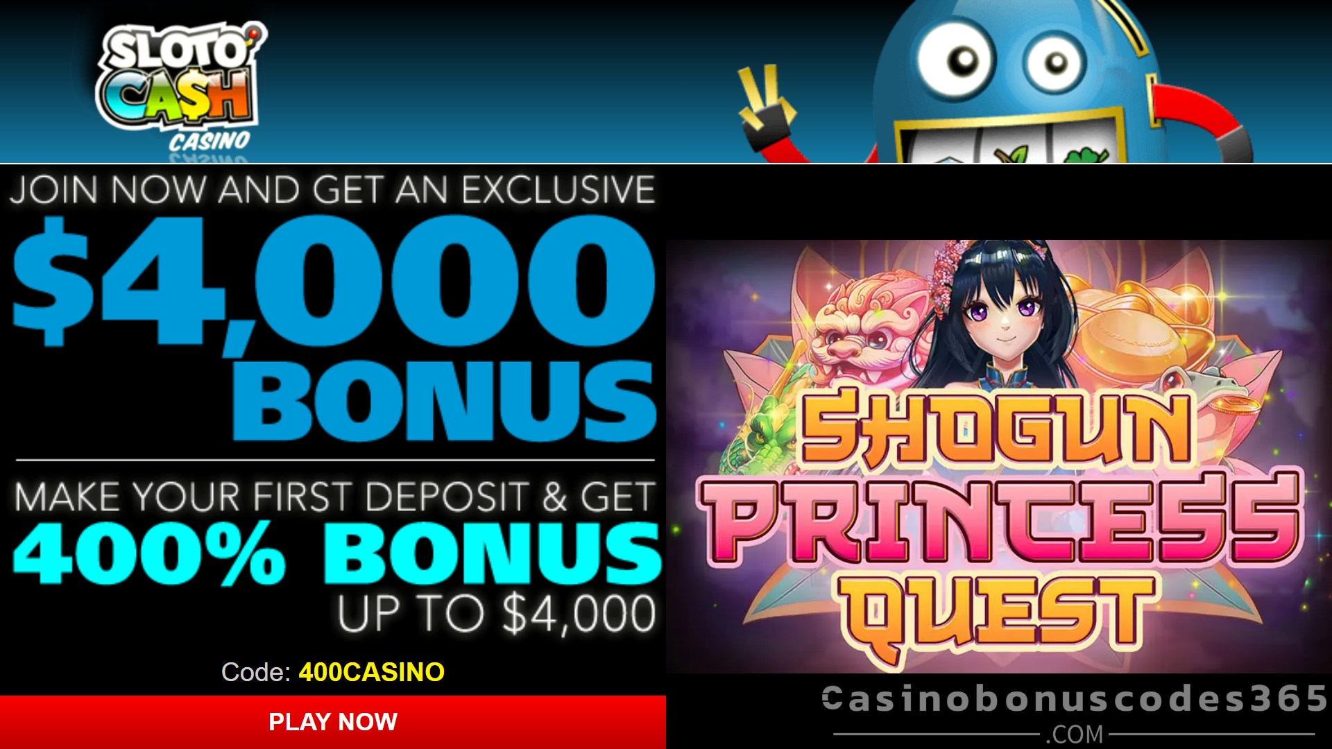 SlotoCash Casino 20 FREE Spins and 100 EASY-WIN Spins on Shogun Princess Quest